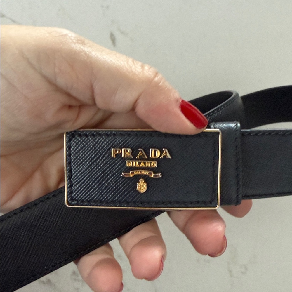 Prada Black Saffiano Leather Belt with Gold Logo